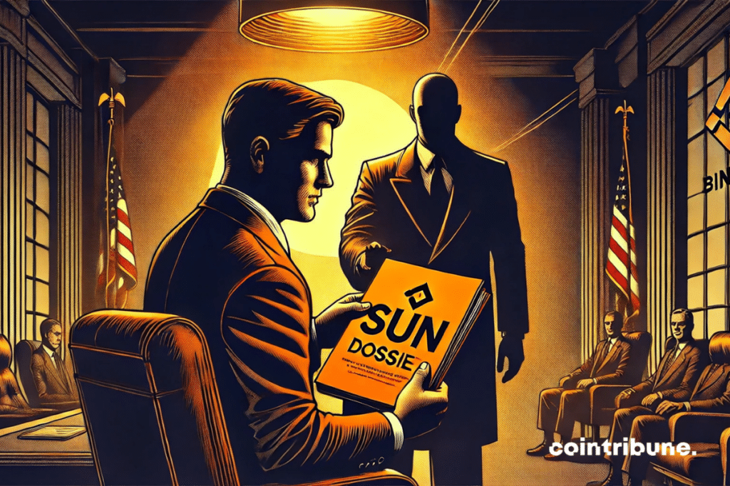 Cz de Binance turning his back, tending a file with a blurred silhouette in dark suit (Sun).