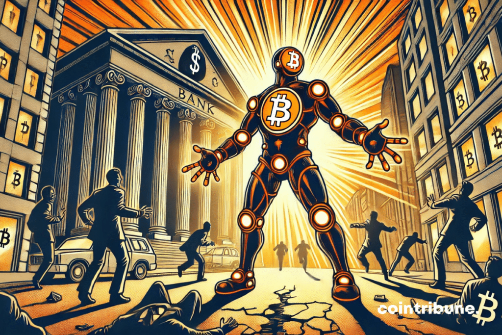 Illustration of a giant bitcoin in front of a cracked bank