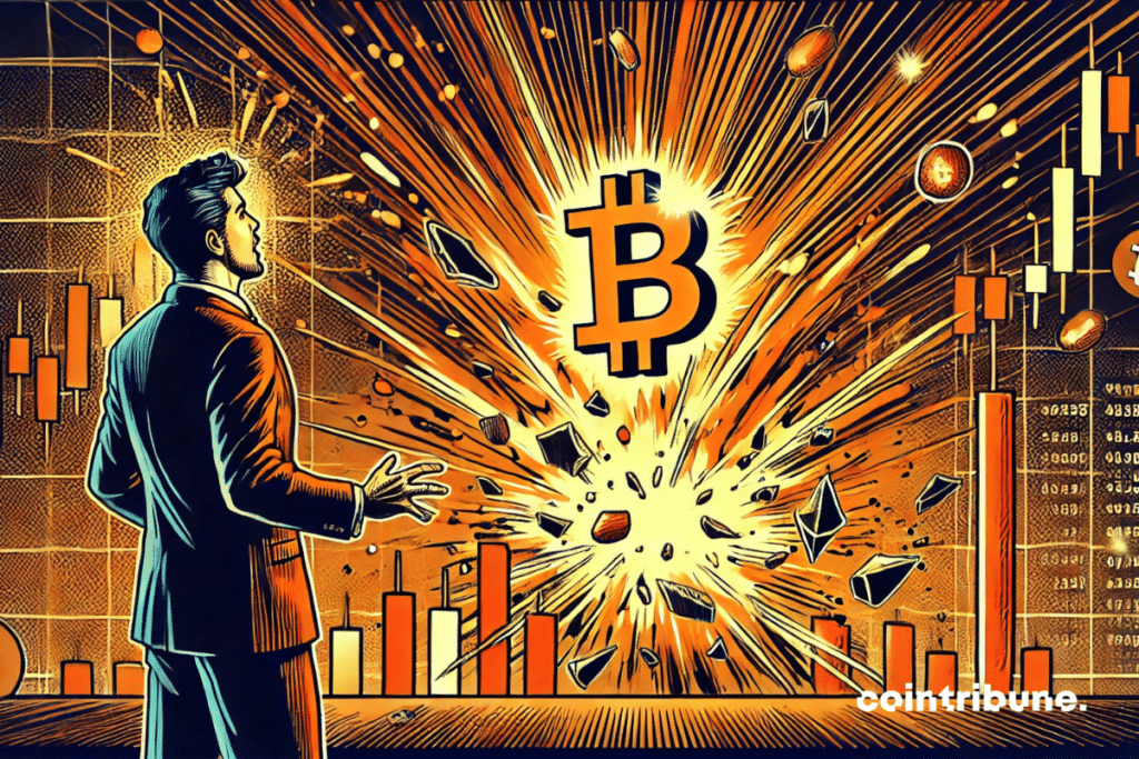 A crypto graph in explosion, with chandeliers projected like bursts around an incandescent central bitcoin which symbolizes massive liquidations.