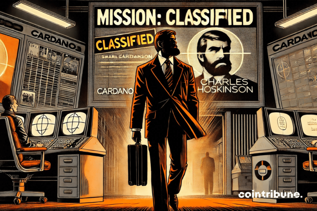 Illustration by Charles Hoskinson leaving the offices of Cardano