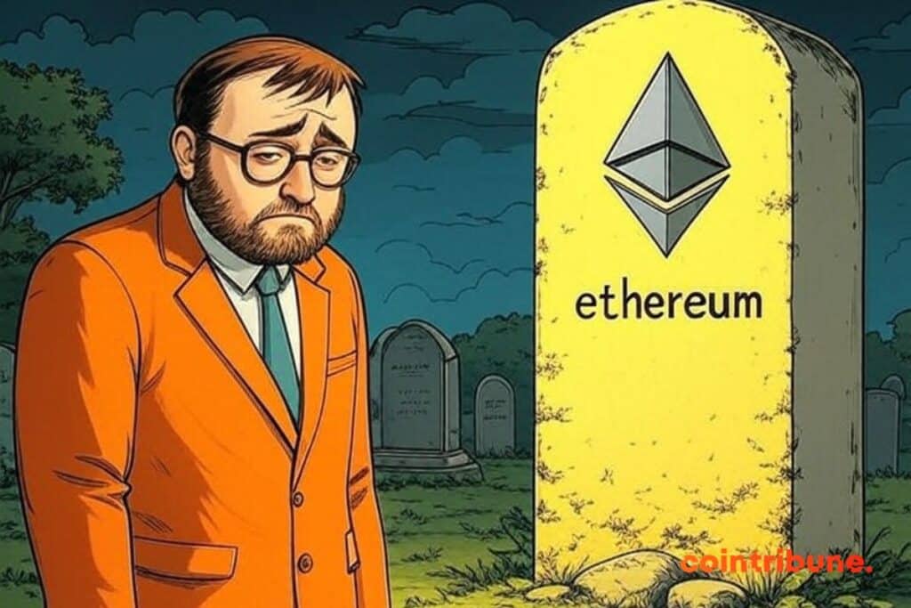 Charles Hoskinson sad in front of the tomb of Ethereum.