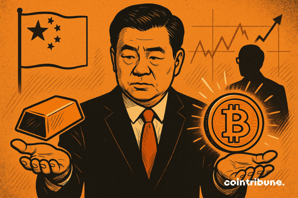 A businessman from elegant China, serious face, arms apart, each hand presents an object: a golden ingot (left), a piece of brilliant bitcoin.