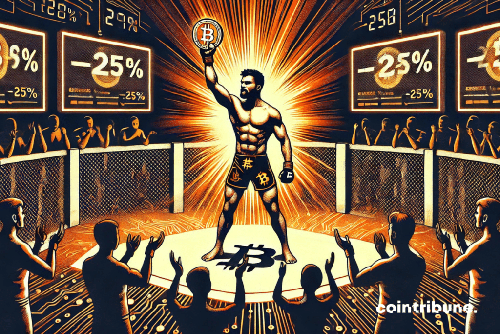 A muscular shirtless fighter screams victory in the center of a digital octagon. He brandished a bright orange crypto token