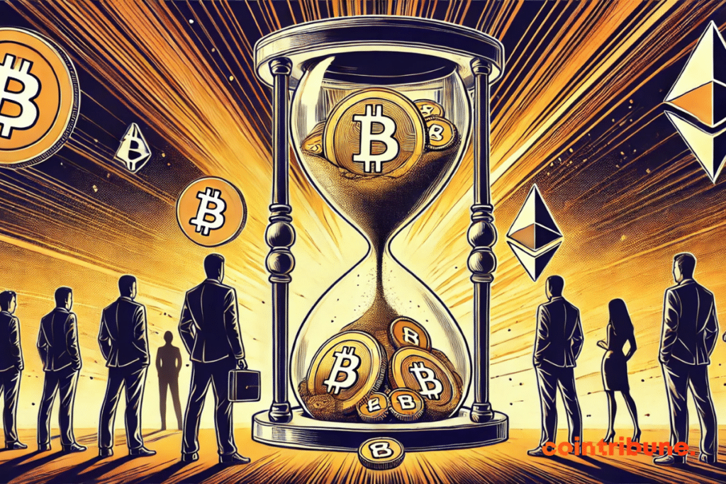 The huge hourglass of BTC and ETH parts, worried traders and visual countdown elements wonderfully translate the tension linked to the expiration of crypto options.