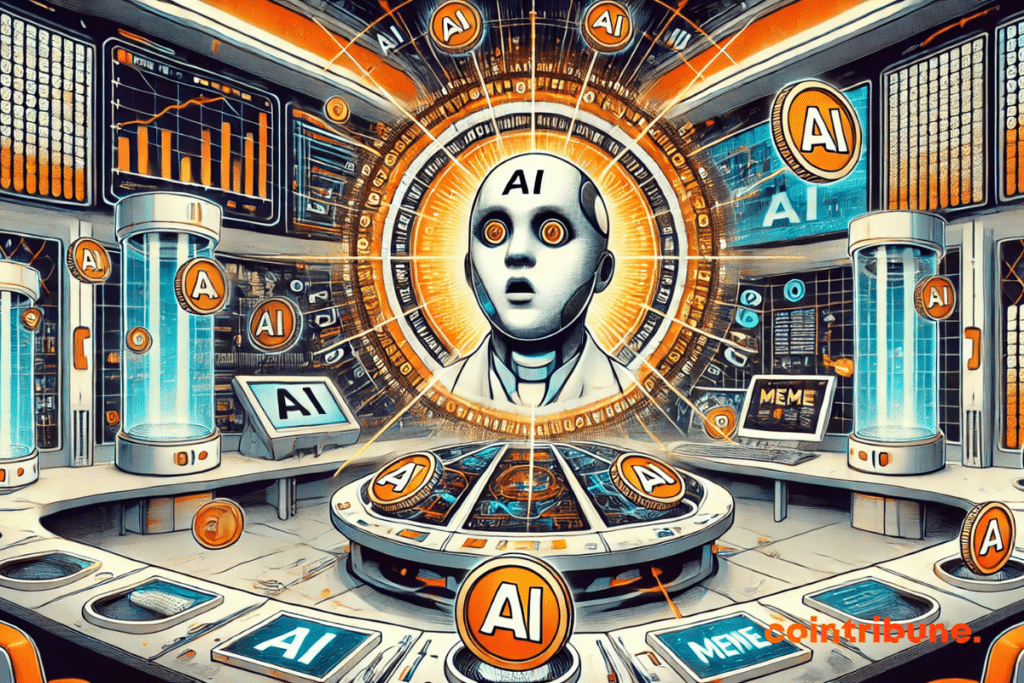 Illustration of a futuristic laboratory with a personified AI, surrounded by IA cryptos and the same.