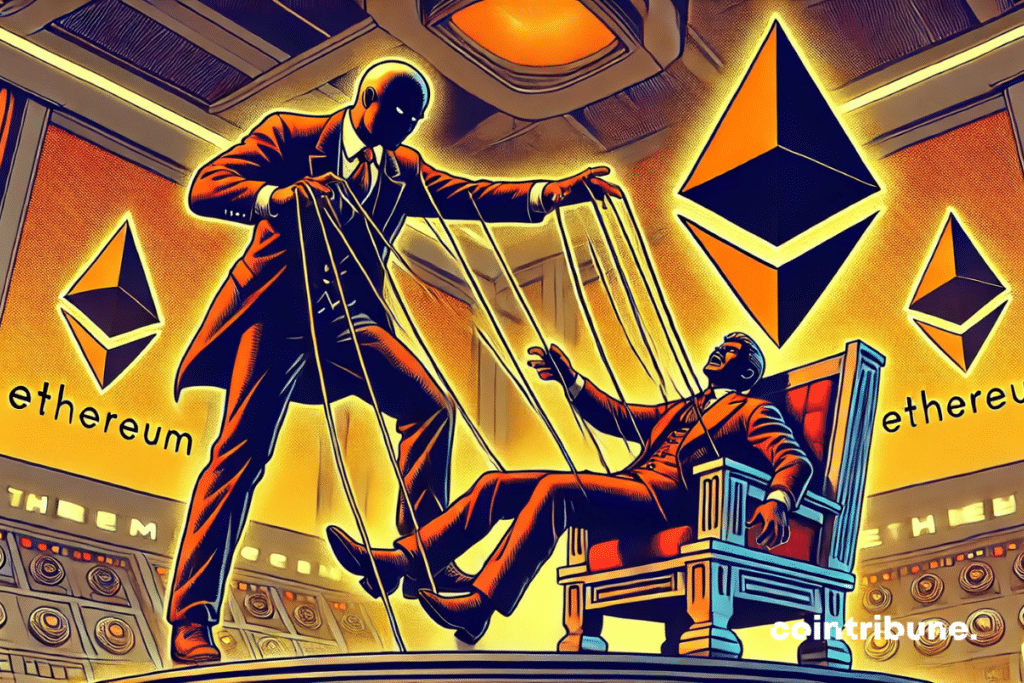 Illustration of a black silhouette, disarticulated puppet and a new character in orange that seizes the sons of power