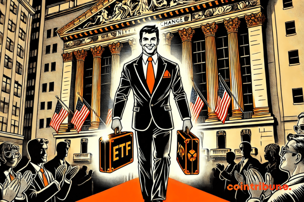 A crypto trader proudly holding two suitcases: one marked ETF, the other XRP, under the projectors of Wall Street.