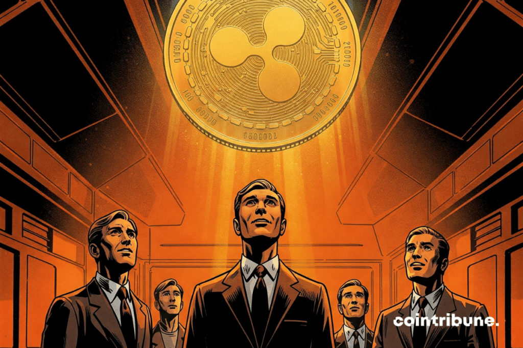 Institutional investors, standing in a dark space with futuristic reflections, look up with wonder towards a huge piece of XRP, the Ripple crypto, floating and bright above them.
