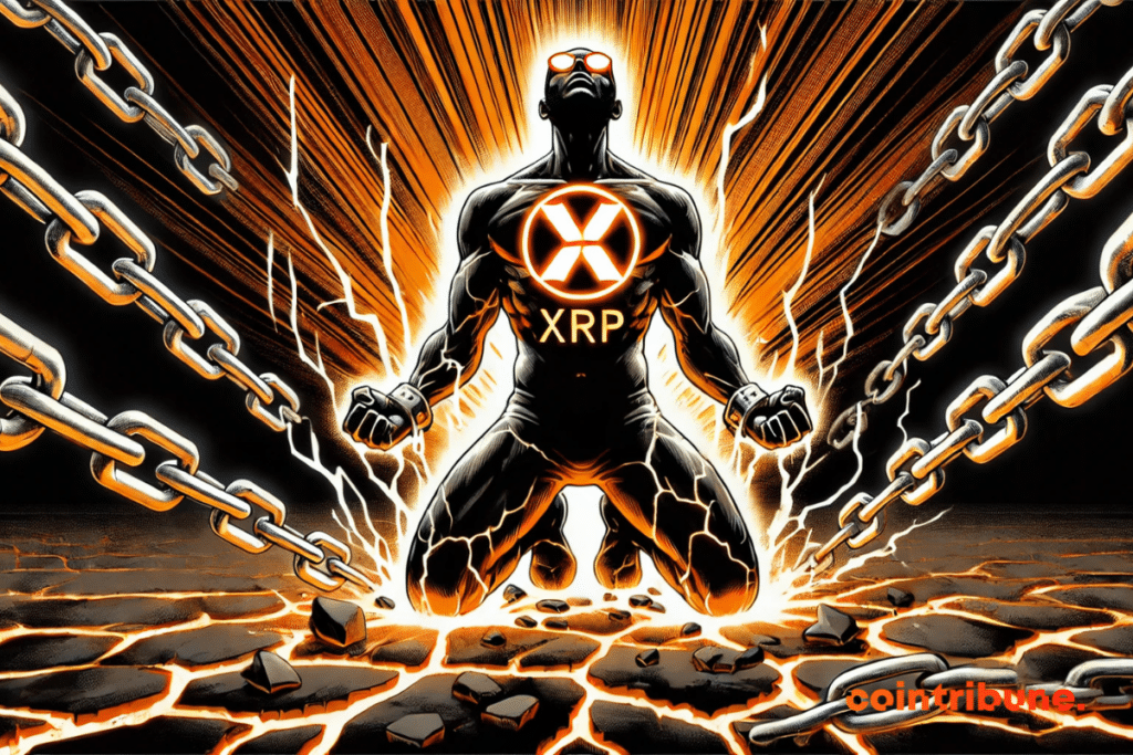 Illustration of a powerful humanoid with the logo of the XRP crypto engraved on the chest is kneeling on the ground.