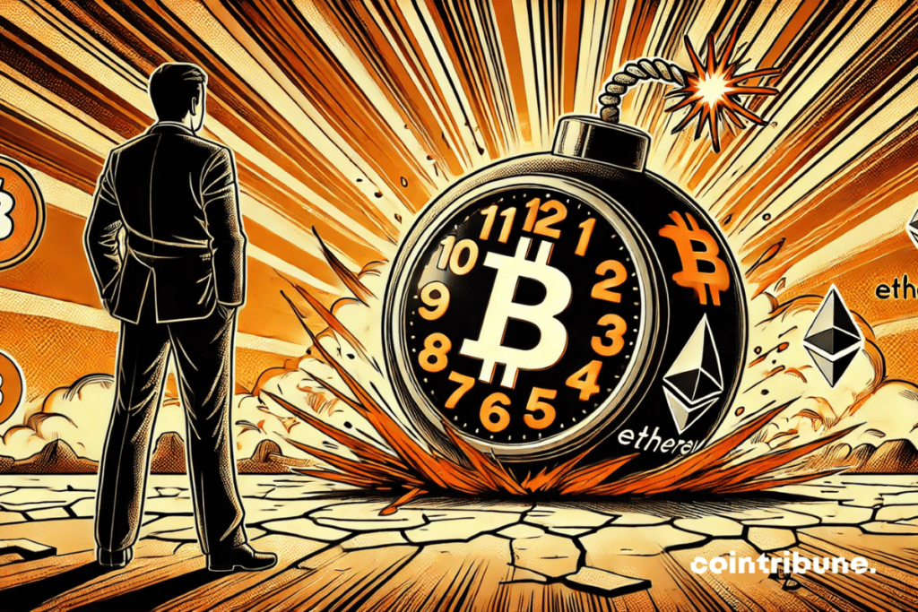A character in anxious costume observing the crypto bomb ready to explode, which symbolizes the expiration of Bitcoin and Ethereum options.