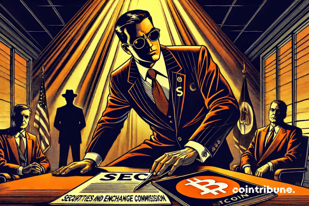 Representation of a dry agent and a table with a file struck by a Bitcoin logo.