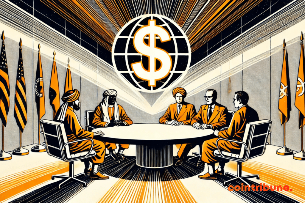 Representatives of the BRICS block who debate around a projected dollar, in a strategic and tense atmosphere.