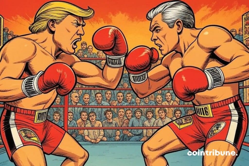 Donald Trump and Jerome Powell fight in a boxing ring.