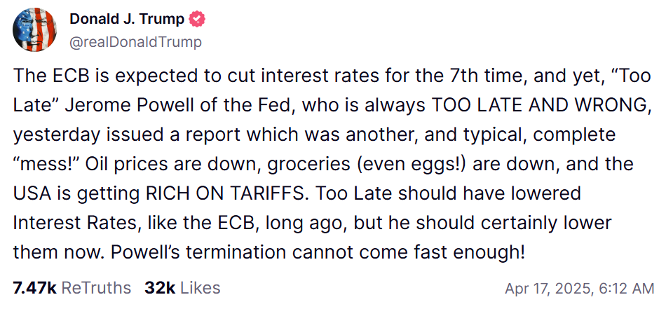 On April 17, 2025, Trump posted on Truth Social that the inaction of Powell will harm the American economy, especially with the drop in inflation.