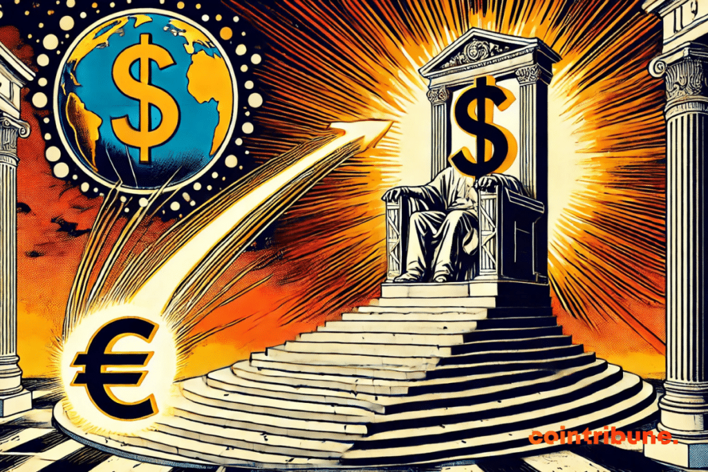 Illustration of a dollar sitting on the throne assistant to the rise of the euro