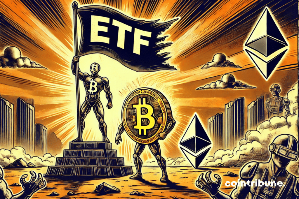 Bitcoin soldiers brandishing an ETF standard in front of Ethereum logos