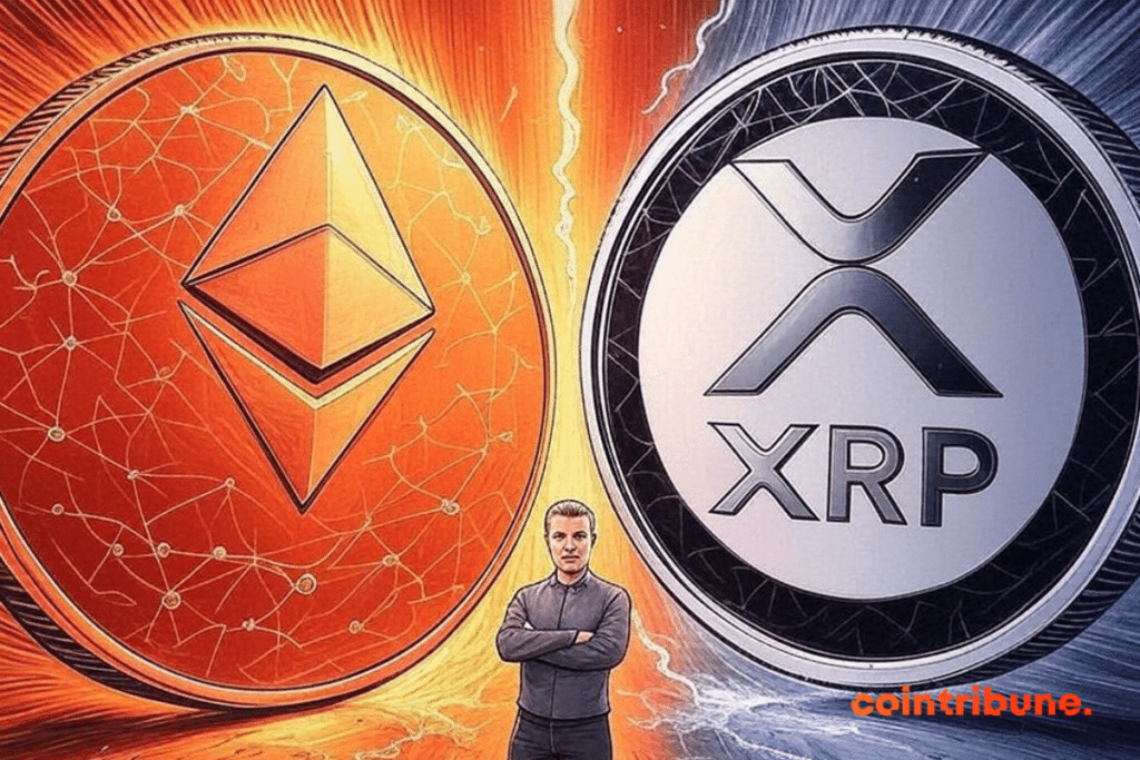 Illustration by Anatoly Yakovenko between two giant pieces of XRP and Ethereum