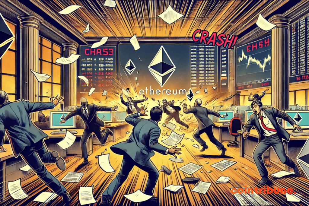 A wide plan showing a graph of the Crypto ETH course which collapses in the market room. A trader in formal costume desperately looks at the screen of his computer where Ethereum falls