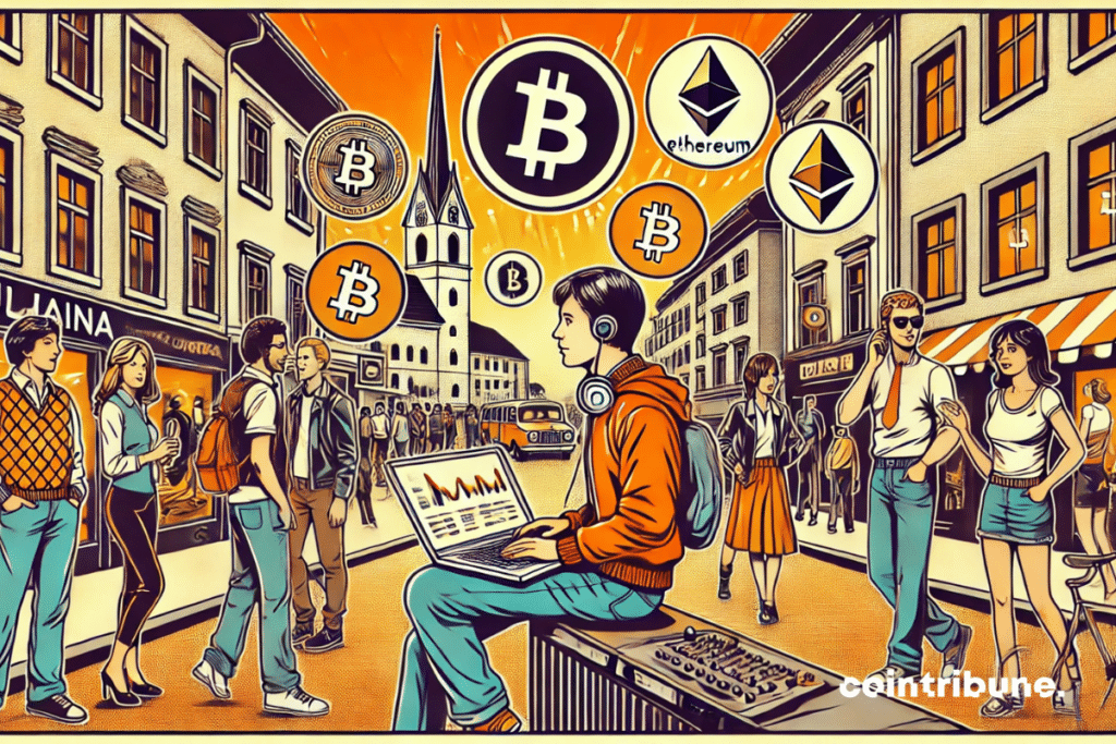 The image shows a dynamic scene in the streets of Ljubljana, with a young techie holding a laptop displaying graphics of high -growth cryptos.