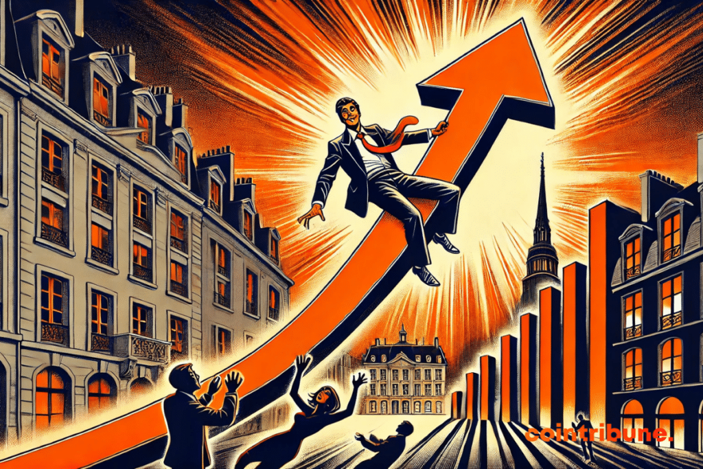 A businessman in costume, suspended at the top of a giant arrow in the form of a graphic, amounting to a city square in France, which symbolizes the rise in real estate prices.