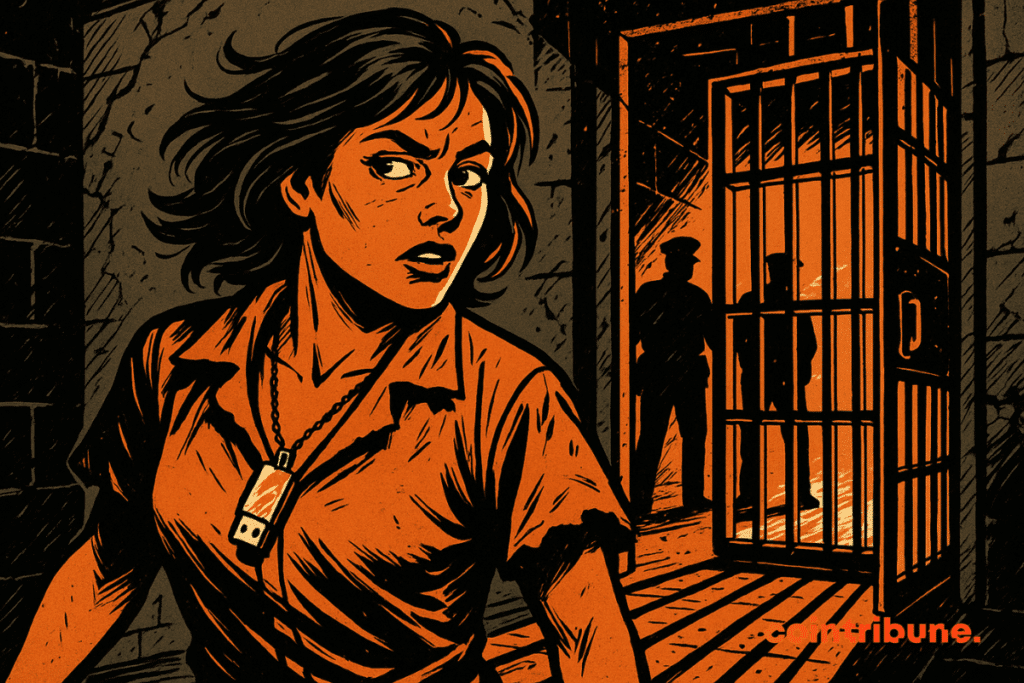Illustration of a woman in orange prison outfit, Crypto USB key on the neck, escapes from an orange lit cell under the eyes of guards in shadows.