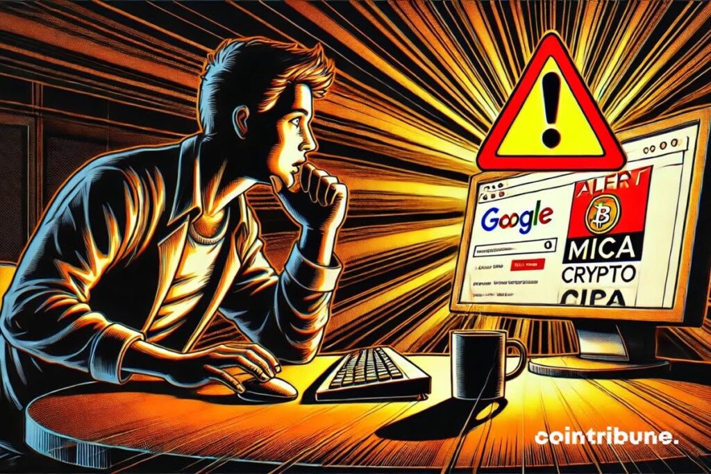 A crypto investor in front of crypto advertising on Google which displays a Mica alert.