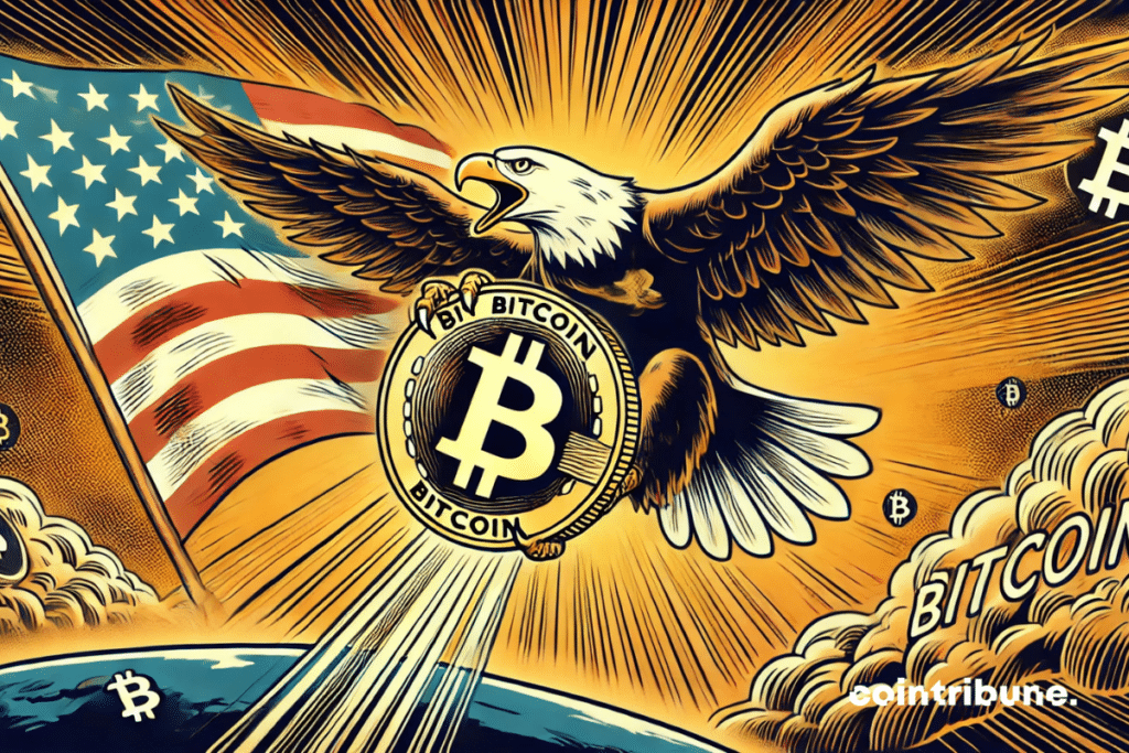 Eagle representing the USA raising a piece of bitcoin