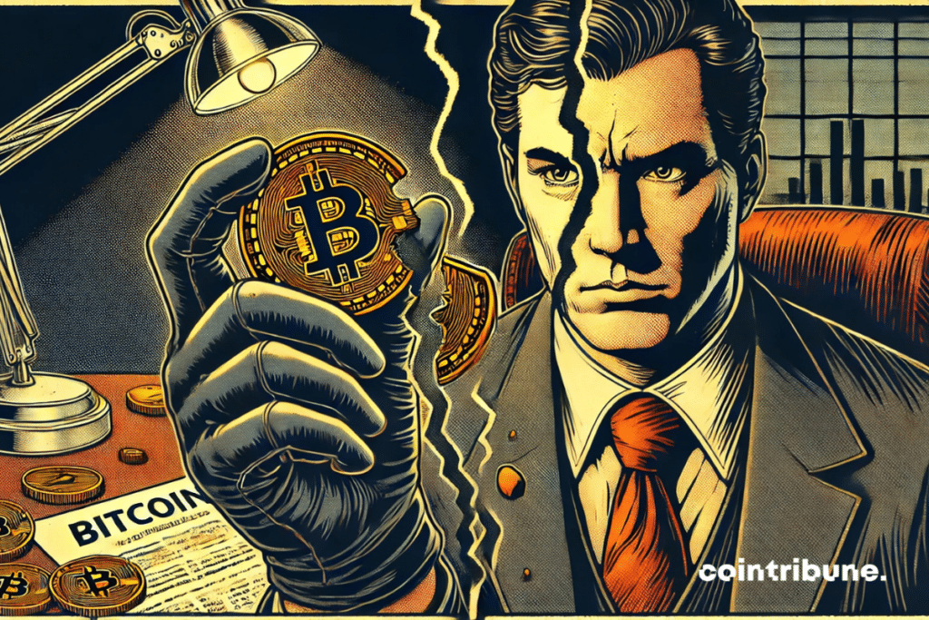 A banker holding a piece of bitcoin broken in two