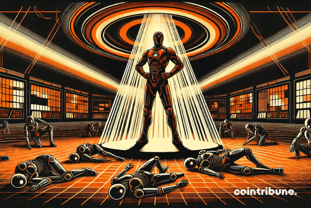 Framing plunging on a circular tech -style circular arena. Llama 4 standing, alone in the center, while its IA rivals are projected back, deactivated.