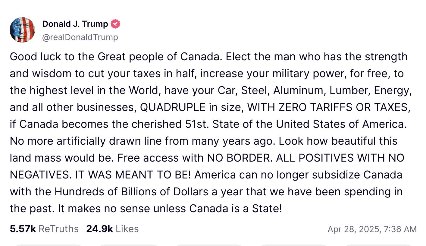 screenshot of a Donald Trump post on xa concerning Canada
