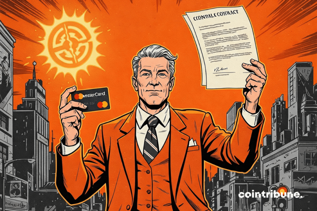 Crypto payment: a mastercard character raising a symbolic contract in one hand and a credit card in the other