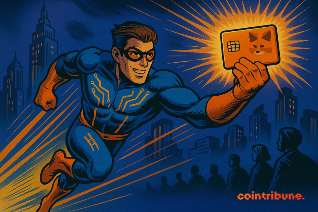 A superhero crosses the city by holding a bright metamask card, illustrating innovation in digital payments.