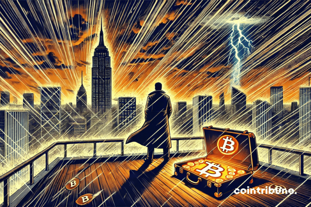 SAYLOR DE STRATEGY, on a height platform, looking at a city swept by a black storm. In front of him: an ajar case, filled with Bitcoin parts.