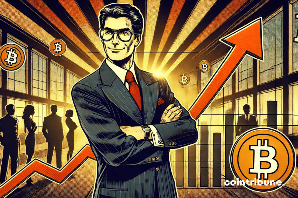 Charismatic Saylor, confident, in a modern office, with a Bitcoin graph and a market correction symbolized by an orange arrow.