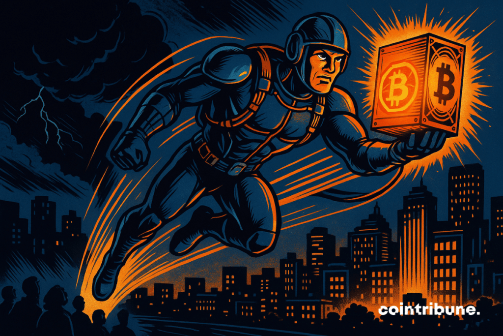 A futuristic superhero, embodying a bitcoin minor, rises above a city plunged into the night. In his hand, an orange mining rig radiates intensely, illuminating half of the city while the other remains in the shadows. Citizens admire the scene from the ground, witnesses of this heroic intervention against blackout. The graphic style, typical of comics from the 1970s, mixes dynamic lines, contrasting colors and dramatic tension.