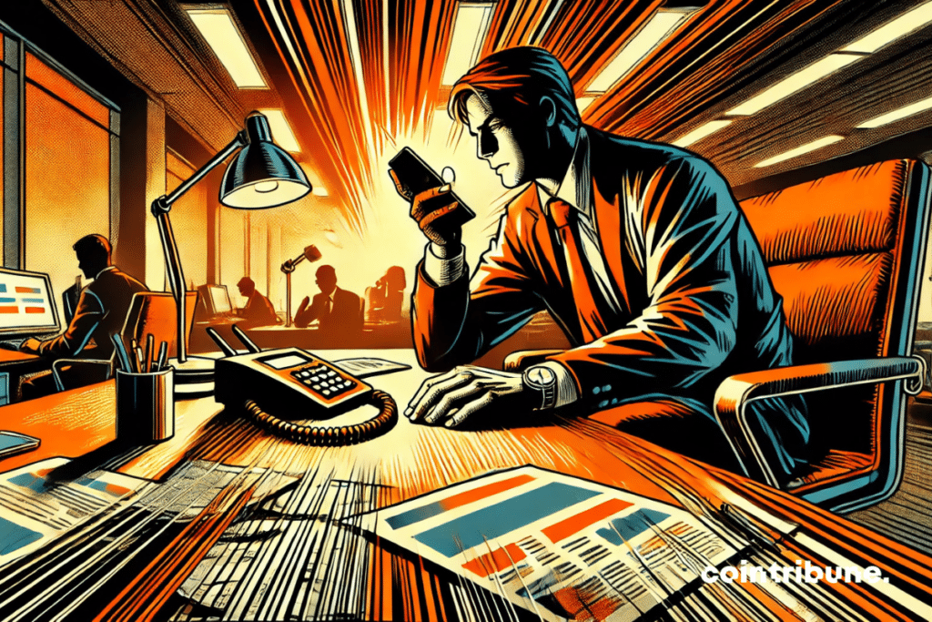 Illustration of the CEO of the Crypto OM holding a phone, visibly concerned about the situation.