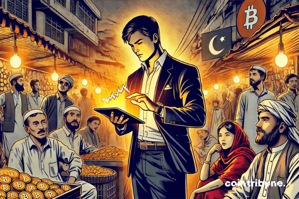 Illustration of a crypto expert at the center of a lively Pakistani market.