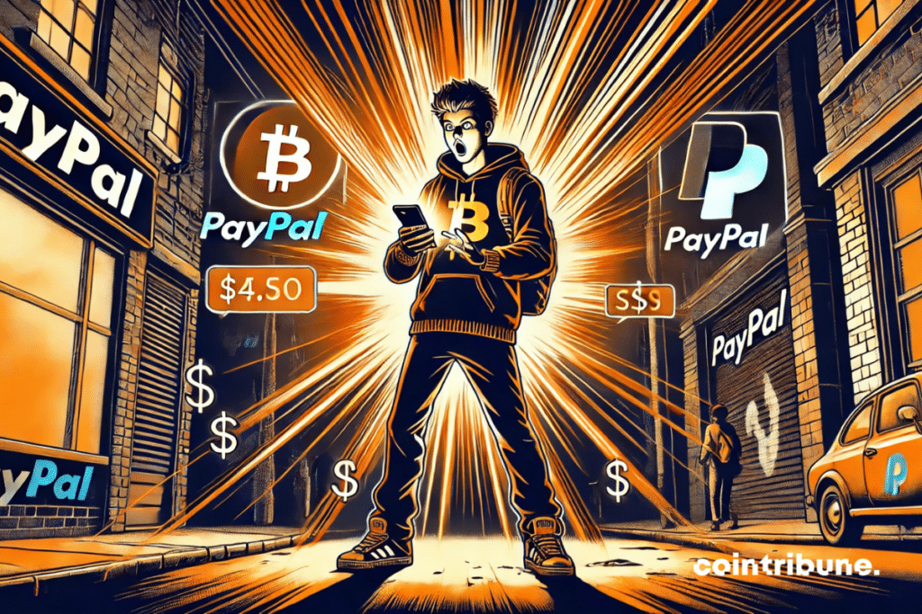 Illustration of a user surprised by the holograms of the Crypto Sol and Link emanating from its Paypal application.