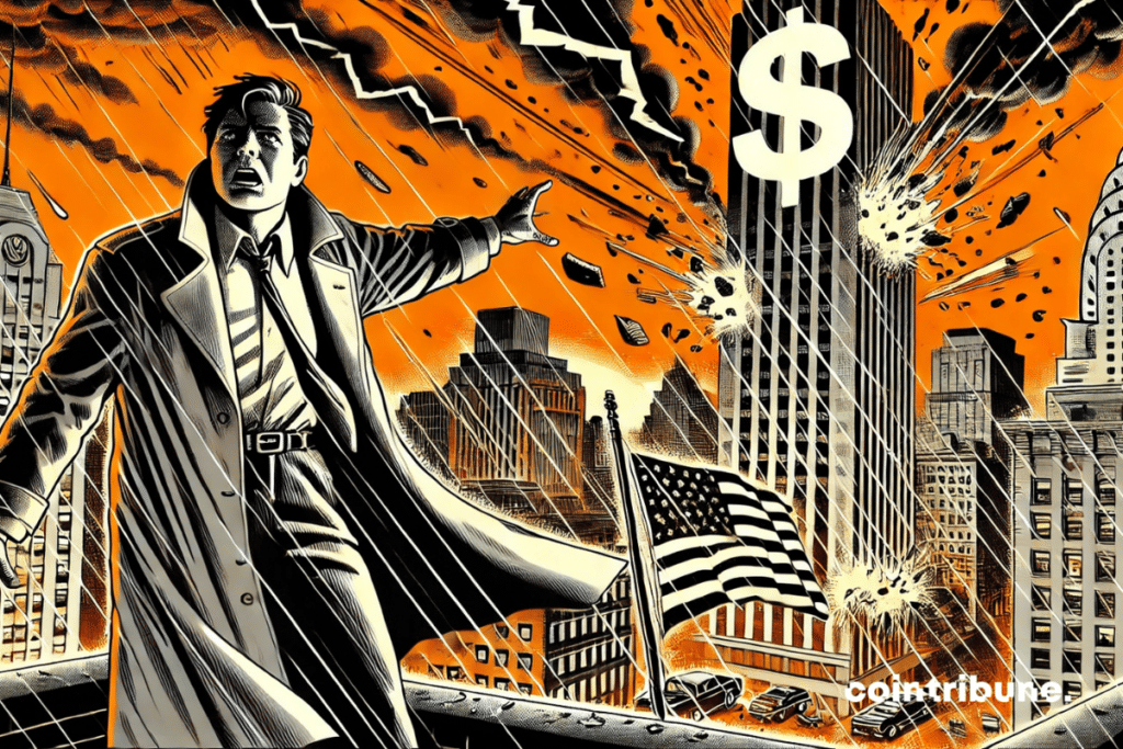 Peter Schiff as a financial apocalypse scout, pointing to the collapse of a banking skyscraper under an unleashed sky which symbolizes the collapse of banks in the United States.