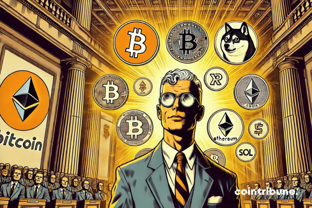 Illustration of a character resembling Jerome Powell in the center of an institutional building surrounded by Cryptos pieces
