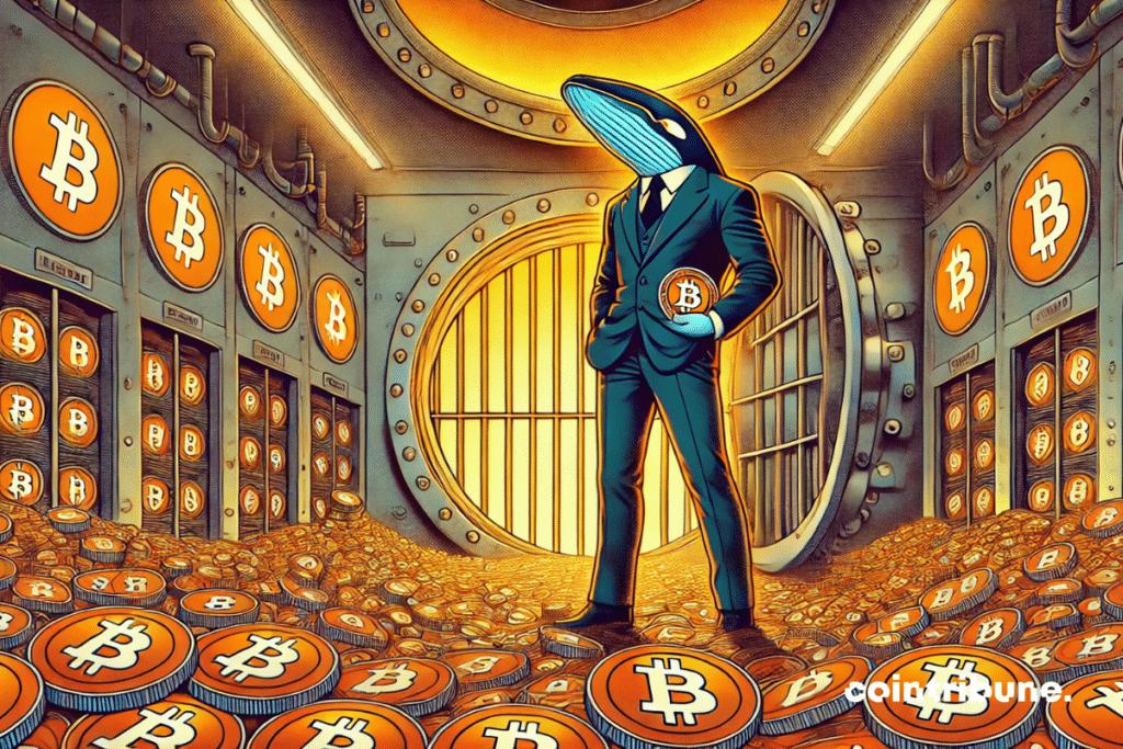 An anthropomorphic whale in a giant safe filled with Bitcoin.
