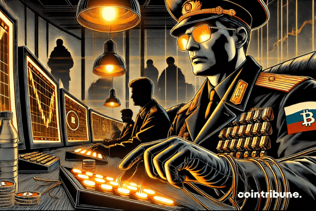 The image shows an imposing Russian government agent, standing behind a futuristic desk in a cold and authoritarian office.