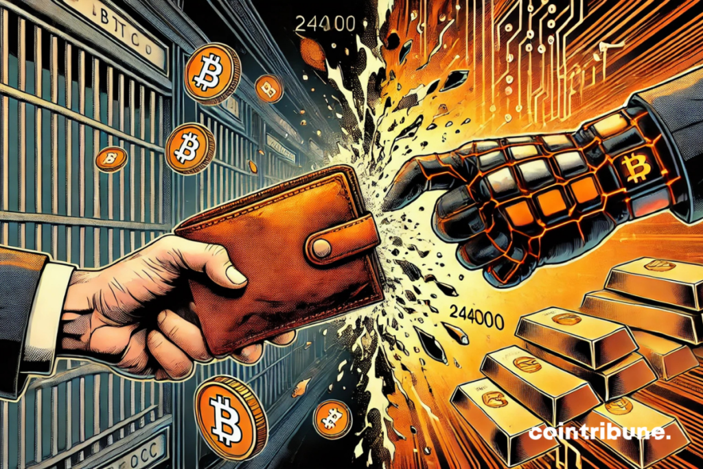 A broken wallet is taken from force between two opposite worlds: on the left, a gloved hand attracts it to a mountain of gold ingots in a dark chest room; On the right, a digital and pixelated hand draws it towards a futuristic digital universe. The portfolio, overheating, can escape orange figures like blood.