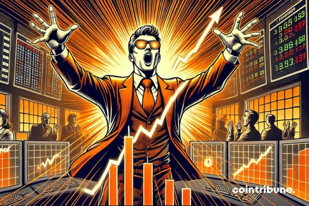 An astonished crypto investor in front of the dazzling increase in Solana's graphics.