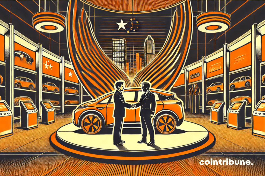 Two EU and China diplomats shake hands in an electric car showroom.