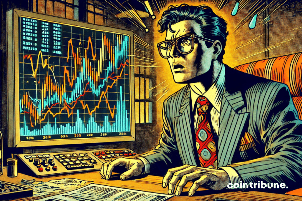 A stock market analyst in his dark office, observing a chaotic graphic