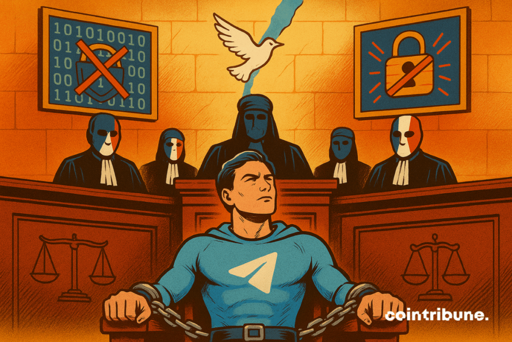 A chained superhero, representing Telegram, is judged by masked magistrates. In the background, symbols of monitoring and broken encryption.