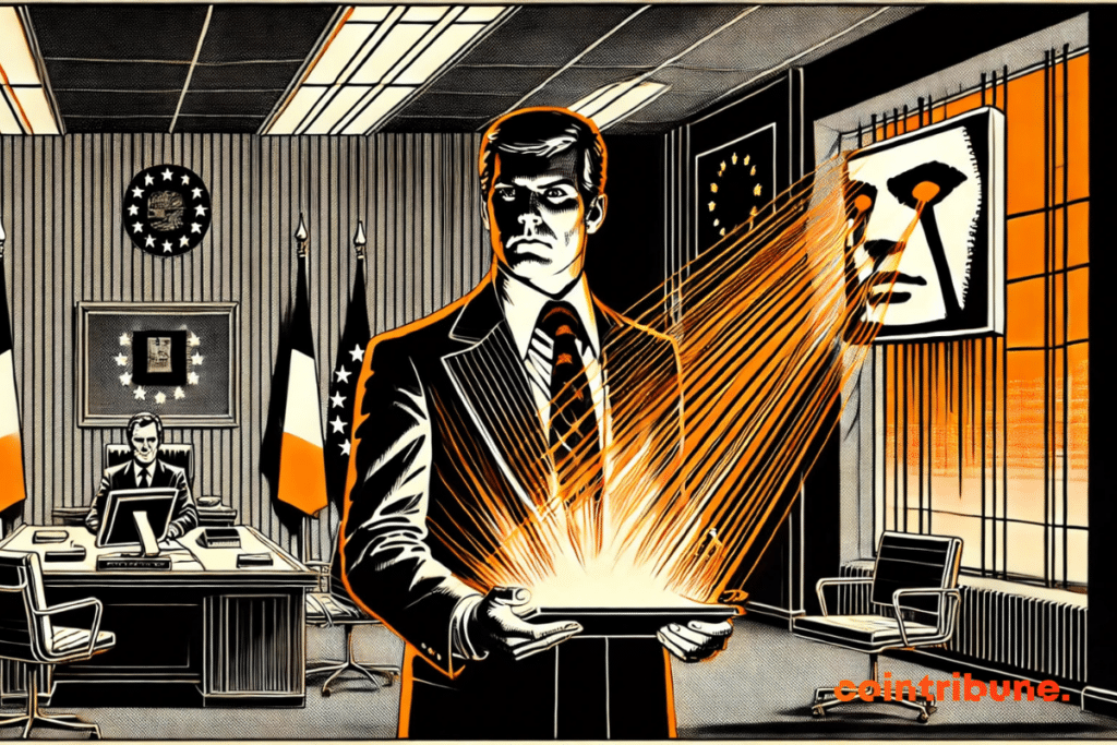 A high-tech whistleblower reveals a disturbing truth via a light tablet, facing the shadow of the French authorities.
