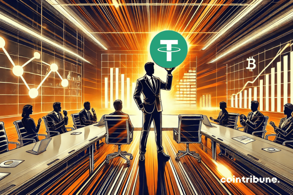 In a modern and bright conference room, a central character representing a financial leader holds a prototype of Stablecoin.
