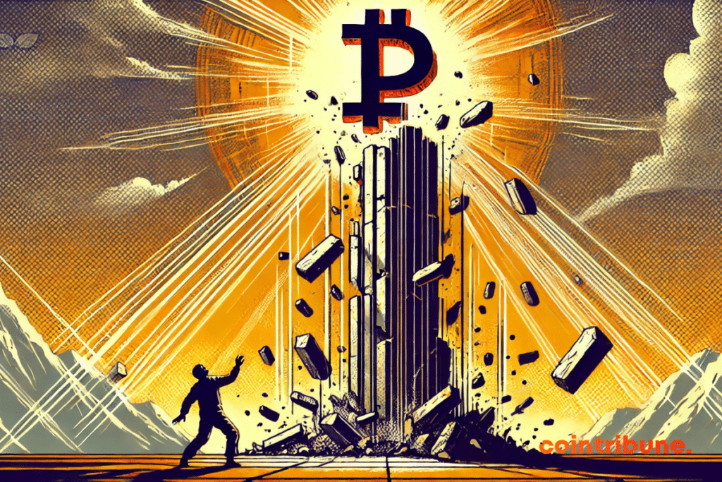 The Crypto Pi Network sits at the top of an unstable totem, observed by a trader in admiration or in search.